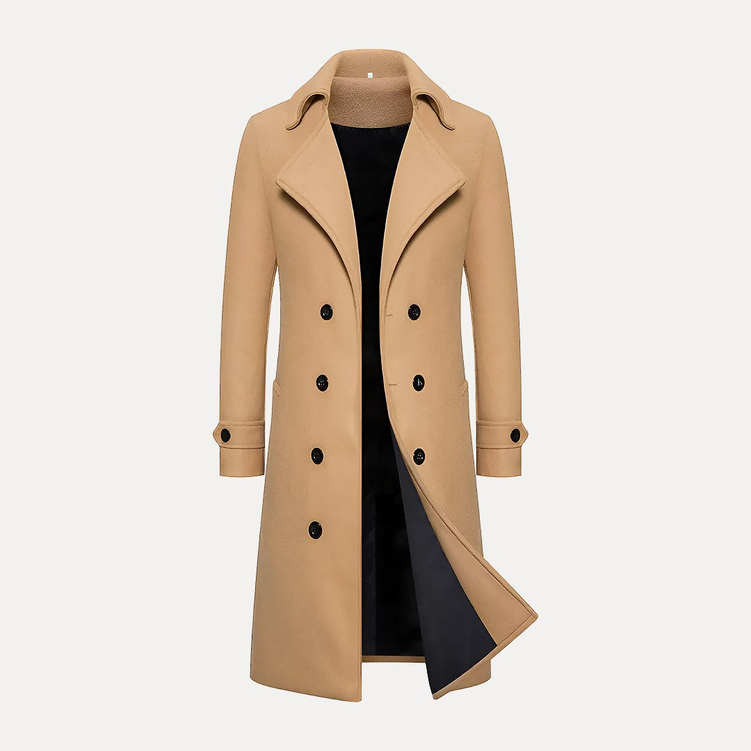 Men's classic double-breasted winter overcoat, long tailored fit, perfect for formal or business wear.
