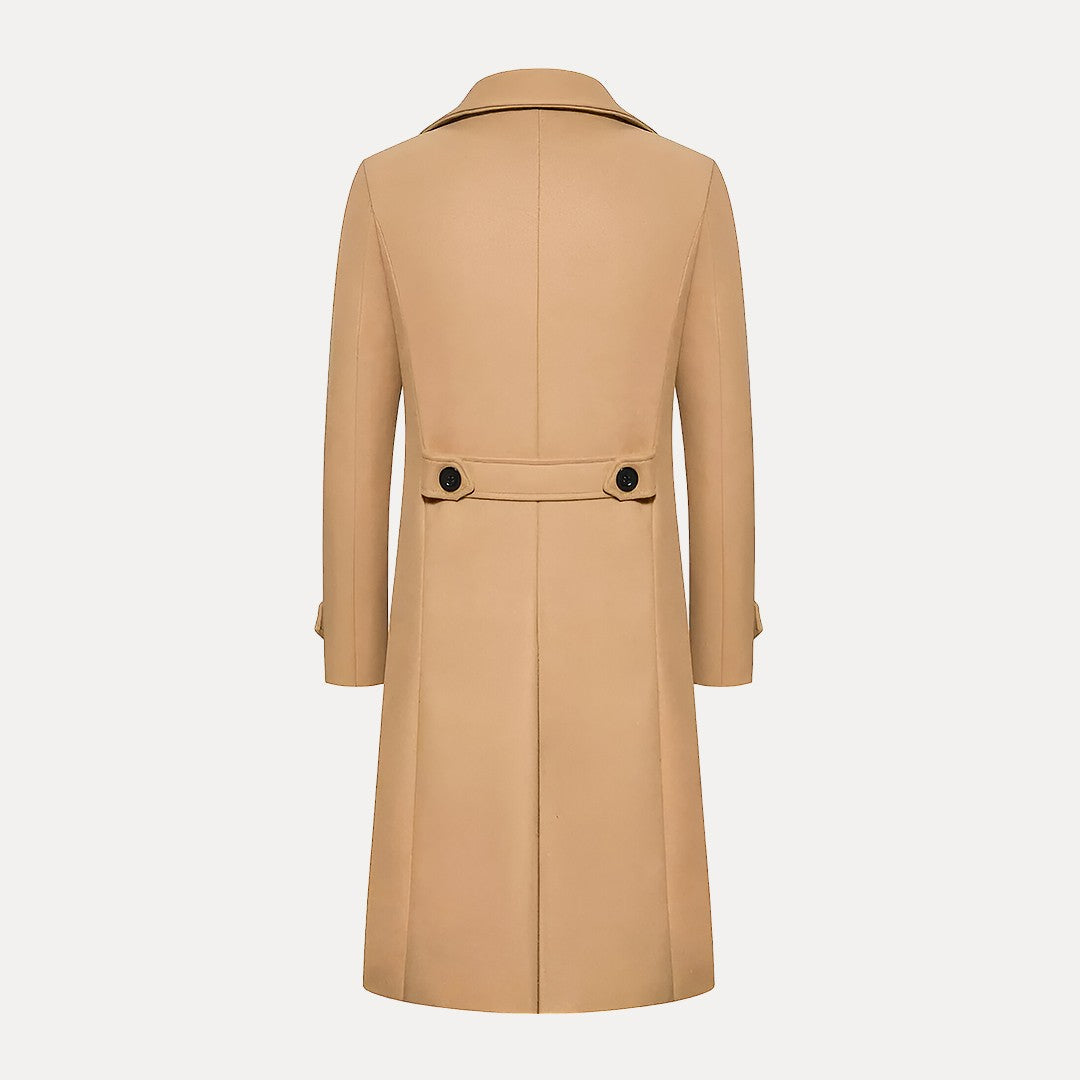 Elegant men's double-breasted trench coat with peak lapels, ideal for winter formal wear and business attire.