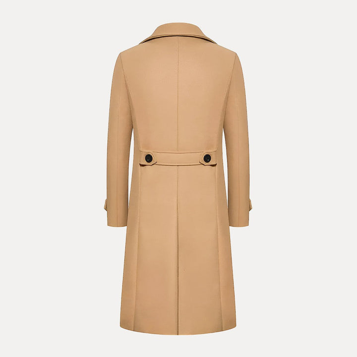 Elegant men's double-breasted trench coat with peak lapels, ideal for winter formal wear and business attire.