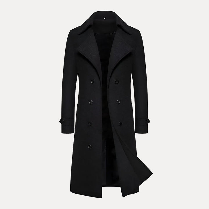 Warm men's tailored long winter overcoat, double-breasted classic style, suitable for cold weather outerwear.