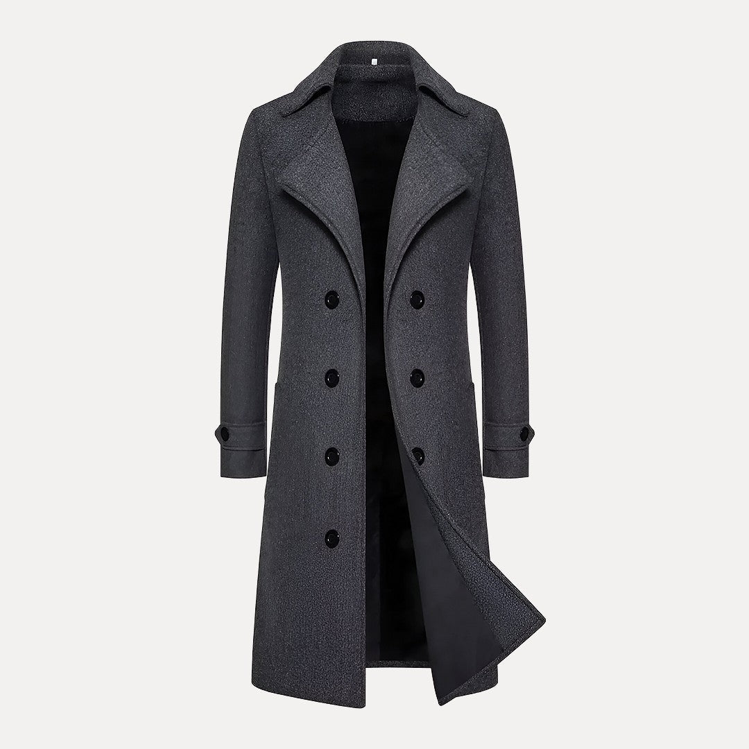 Full view: Men's classic double-breasted winter overcoat, long length, showcasing tailored fit and timeless outerwear style.