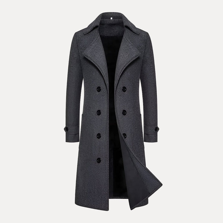 Full view: Men's classic double-breasted winter overcoat, long length, showcasing tailored fit and timeless outerwear style.