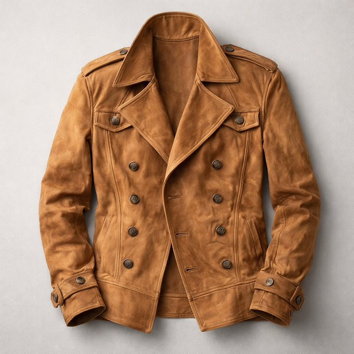 Men's classic fit dark blue double-breasted coat. Timeless outerwear for versatile layering.