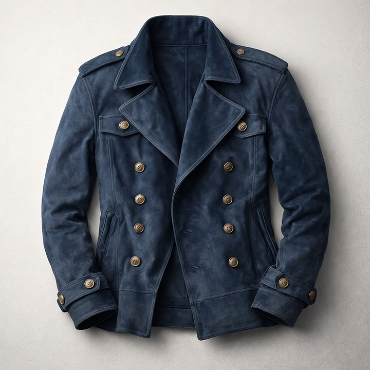 Stylish men's brown double-breasted jacket. Modern classic coat, perfect for everyday fashion.