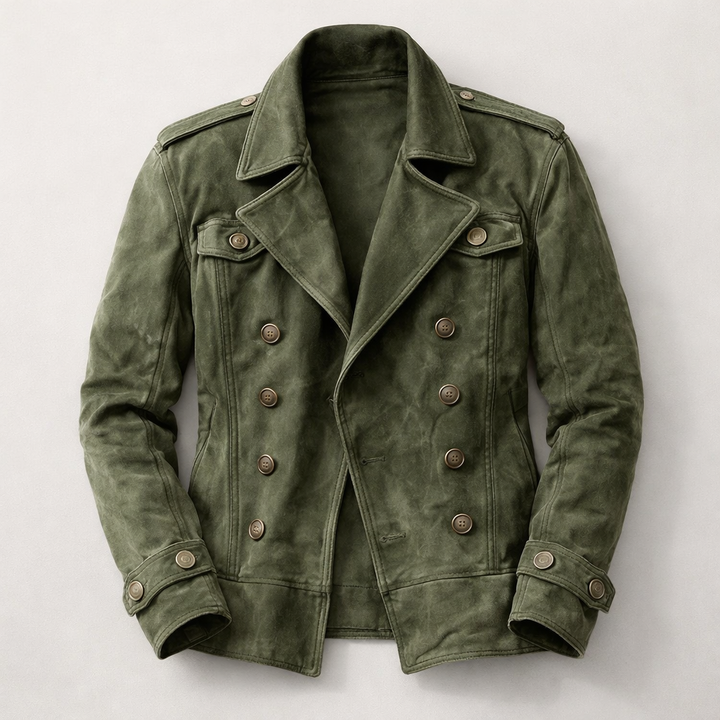 Army green men's double-breasted coat. Versatile outerwear for a timeless, sophisticated look.