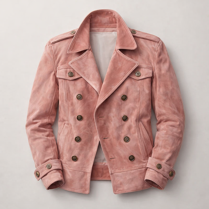Fashionable men's pink double-breasted coat. Classic fit jacket, ideal for modern layering style.
