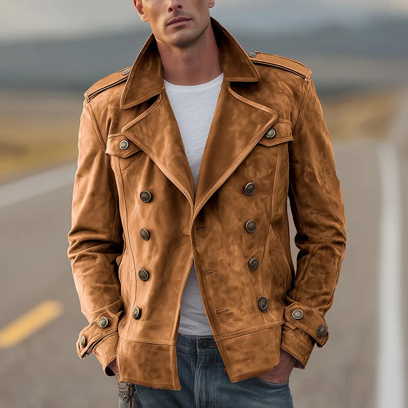 Men's elegant dark blue double-breasted coat. Tailored fit for a timeless and versatile wardrobe.