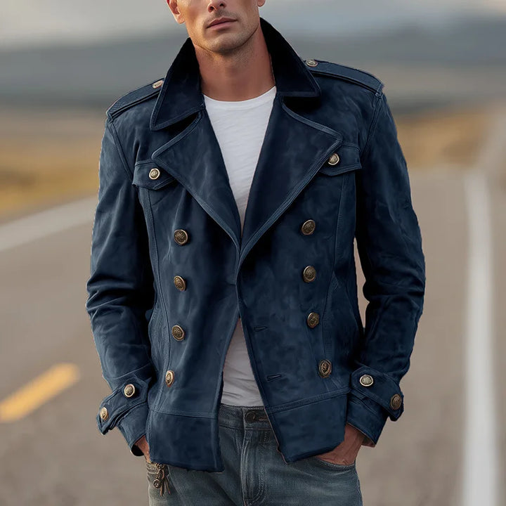 Sophisticated men's brown double-breasted outerwear. Classic design, perfect for any occasion.