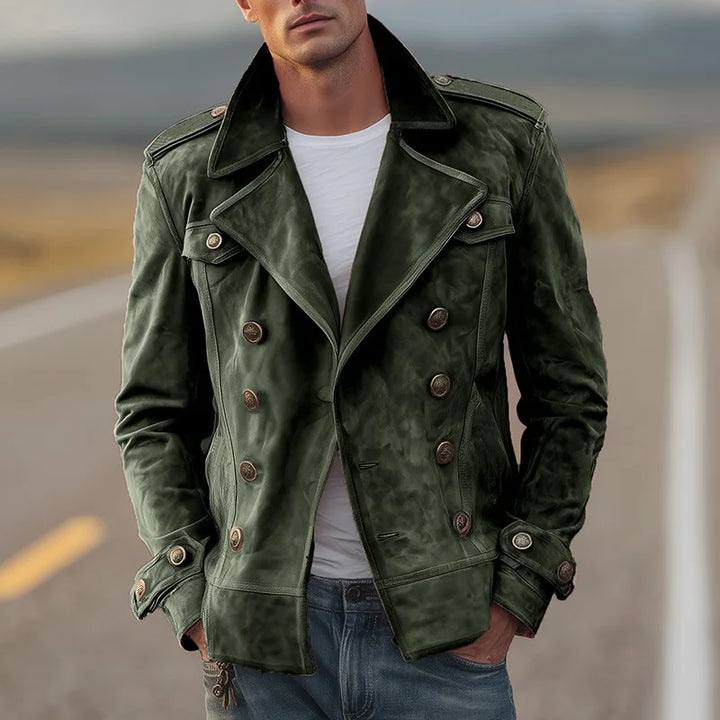 Timeless men's army green double-breasted jacket. Everyday coat offering versatile, modern style.
