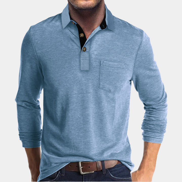 Men's classic fit long sleeve polo shirt with chest pocket, ideal for comfortable casual wear & everyday style.