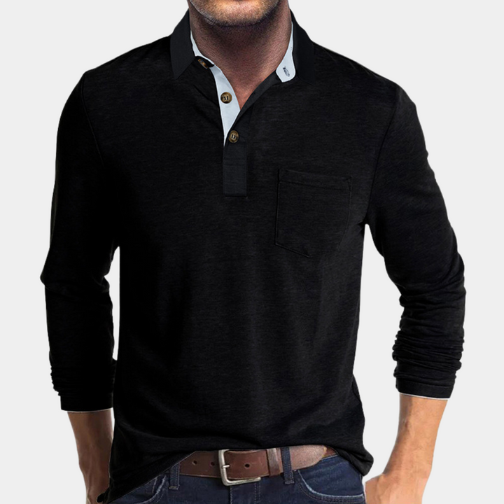 Versatile men's fashion long sleeve polo shirt, classic fit with chest pocket for smart casual looks.