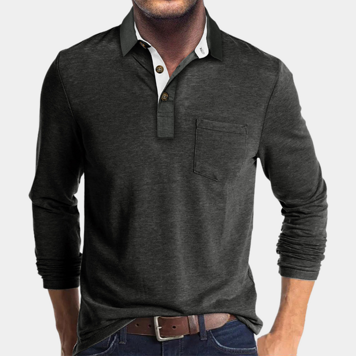 Everyday men's long sleeve button-up polo shirt, classic fit & chest pocket for effortless style.