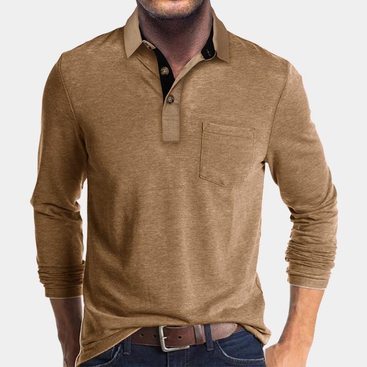 Men's casual long sleeve polo shirt, classic fit design with chest pocket for everyday men's fashion.