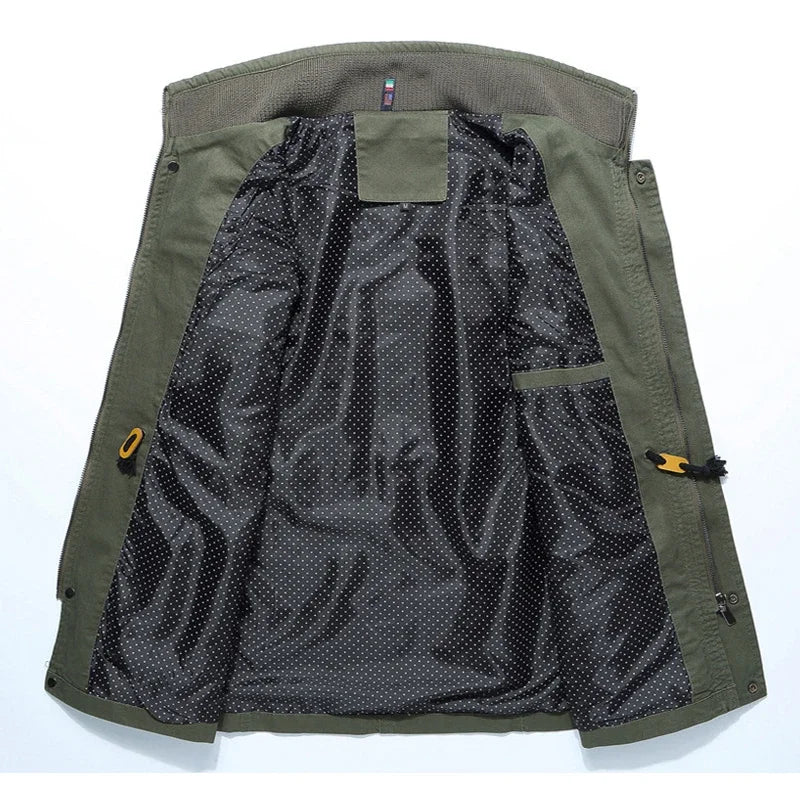 Khaki men's classic utility jacket, featuring multiple pockets for casual wear and everyday comfort.