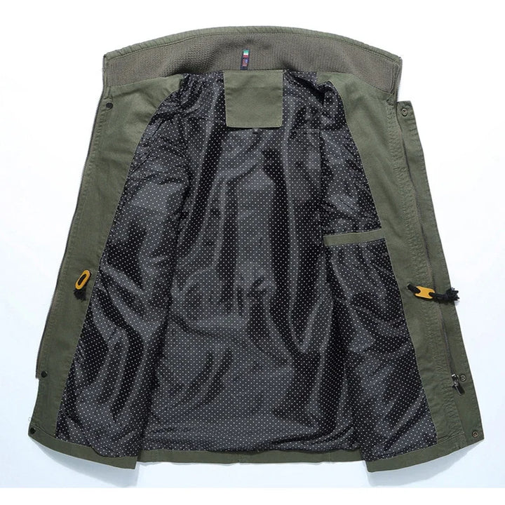 Khaki men's classic utility jacket, featuring multiple pockets for casual wear and everyday comfort.