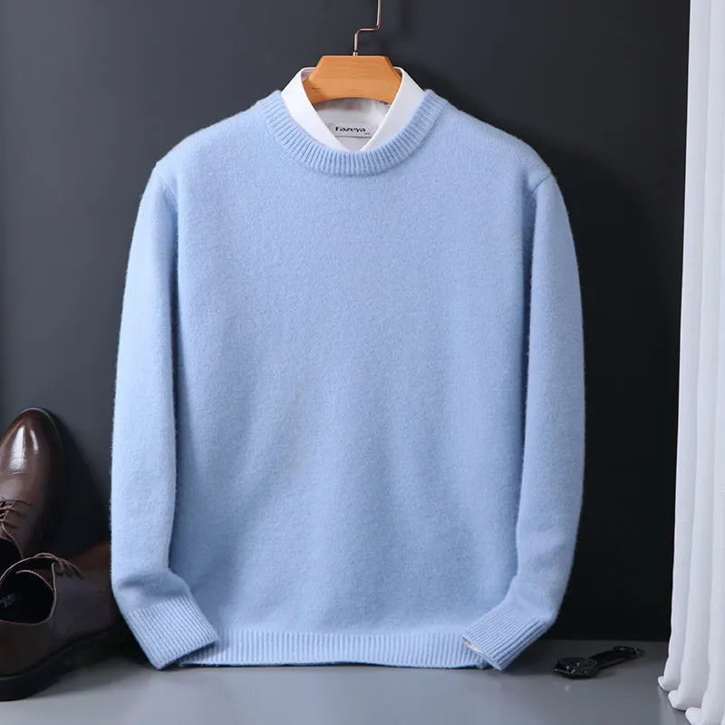 Relaxed fit grey men's crewneck sweater, comfortable knit for versatile autumn/winter casual wear and layering.