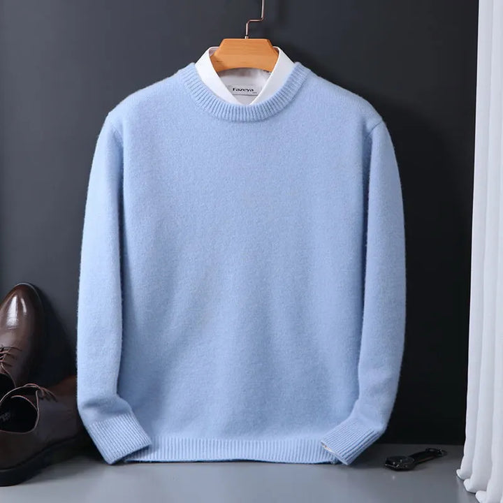 Relaxed fit grey men's crewneck sweater, comfortable knit for versatile autumn/winter casual wear and layering.