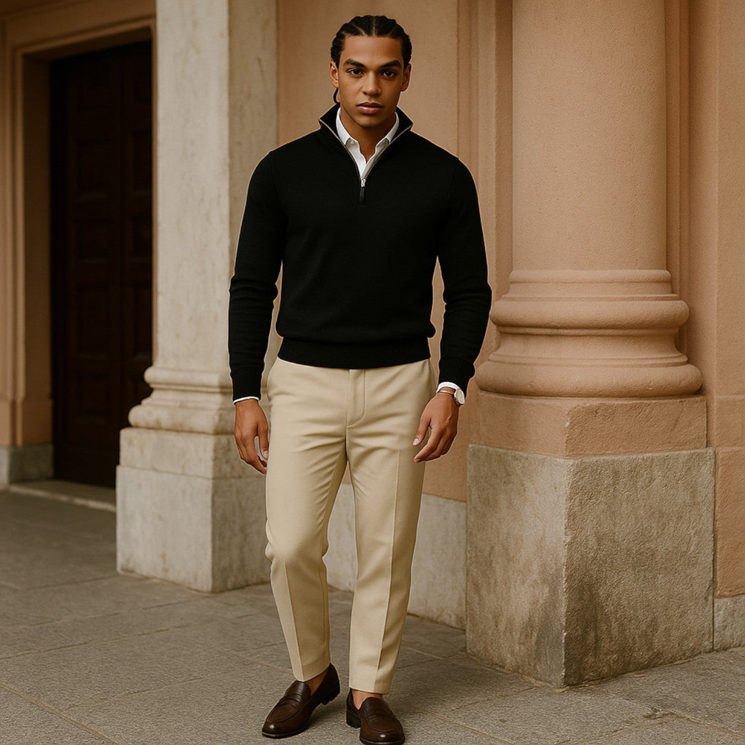Soft knit men's half-zip sweater, long sleeve, perfect for adaptable year-round casual layering.