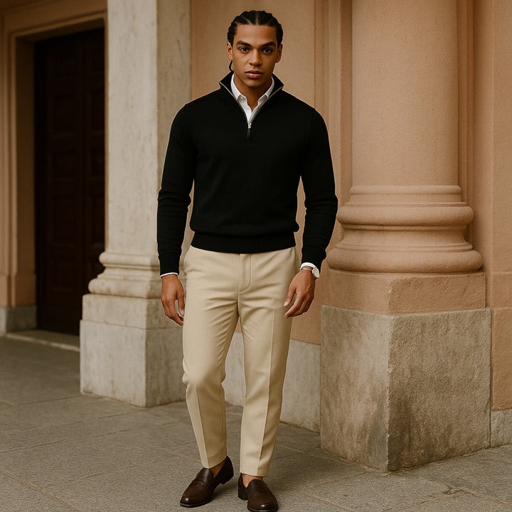 Soft knit men's half-zip sweater, long sleeve, perfect for adaptable year-round casual layering.