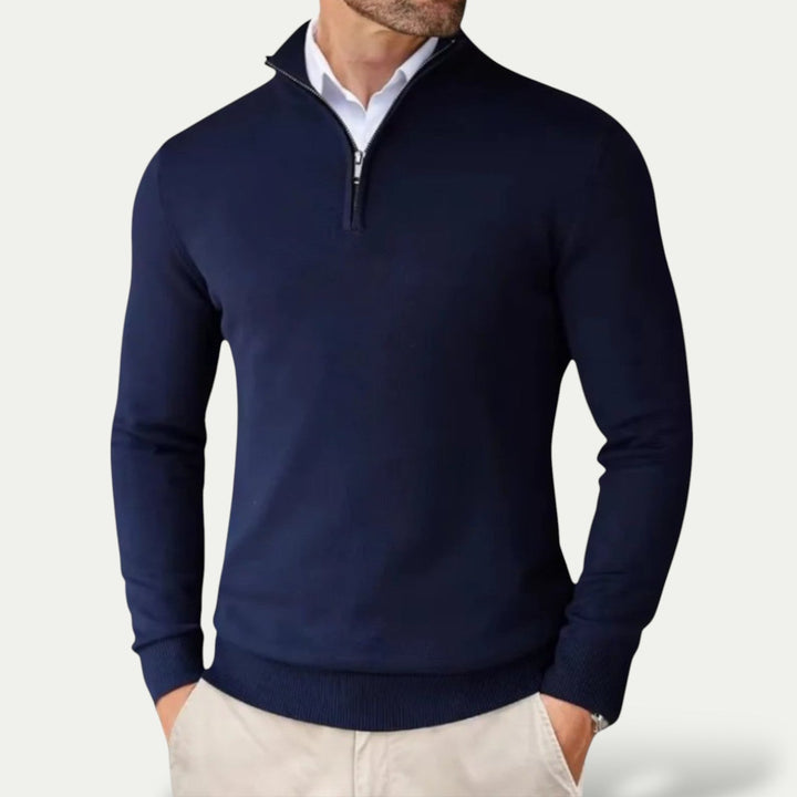 Contemporary men's half-zip sweater, a versatile long-sleeve layer for smart casual & year-round style.