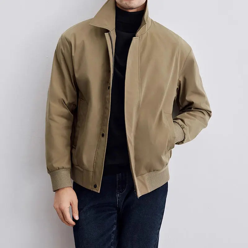 Khaki men's Harrington jacket. Lightweight outerwear with classic style, ideal for versatile fashion.