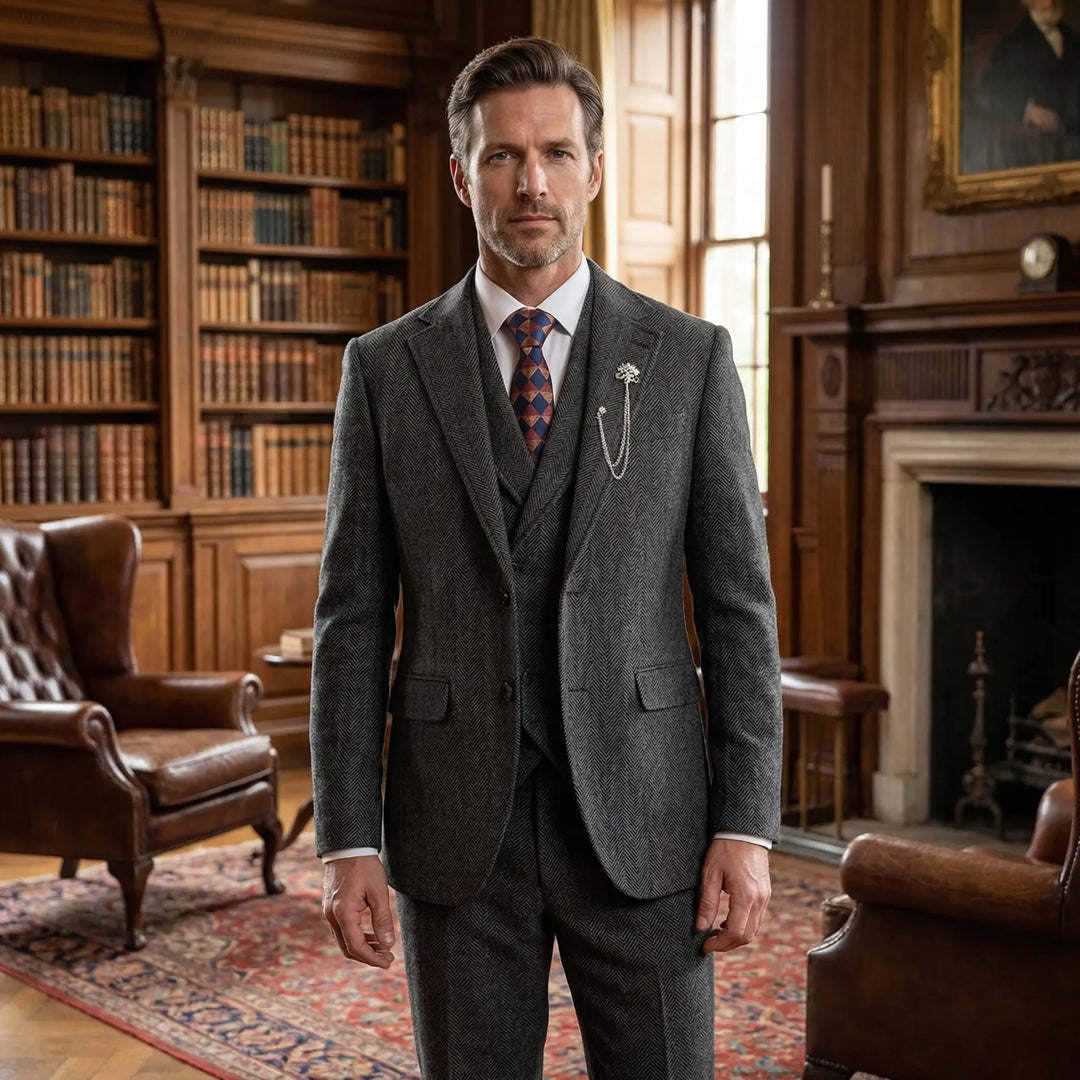 Men's Classic Herringbone 3-piece Suit Set, tailored fit for formal occasions & business wear.