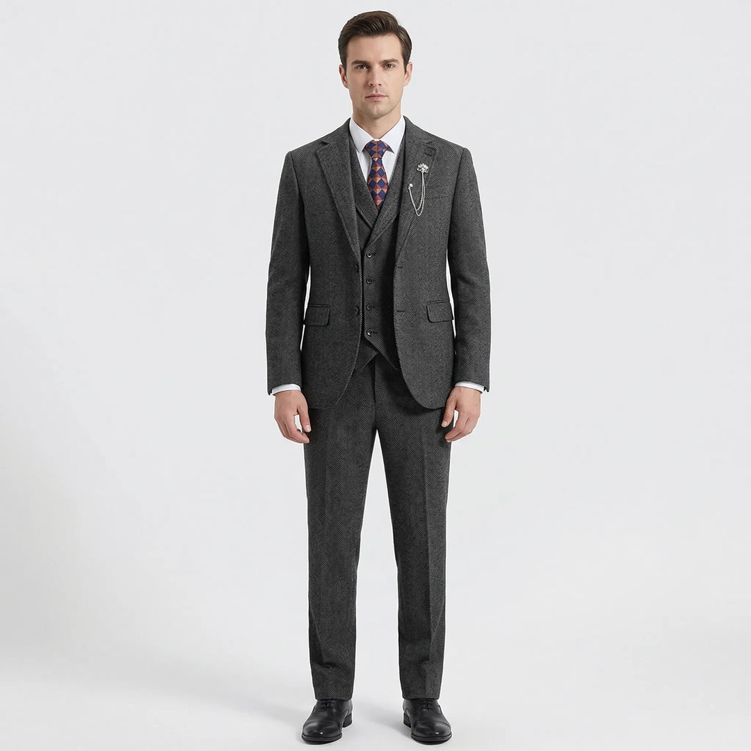 Elegant Men's Herringbone 3-Piece Suit featuring a vest, perfect for weddings & formal events.