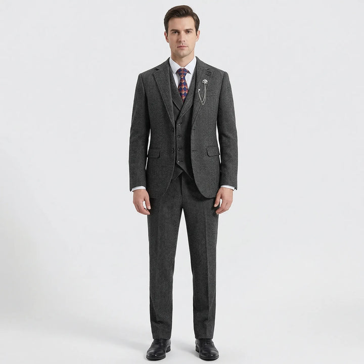 Elegant Men's Herringbone 3-Piece Suit featuring a vest, perfect for weddings & formal events.