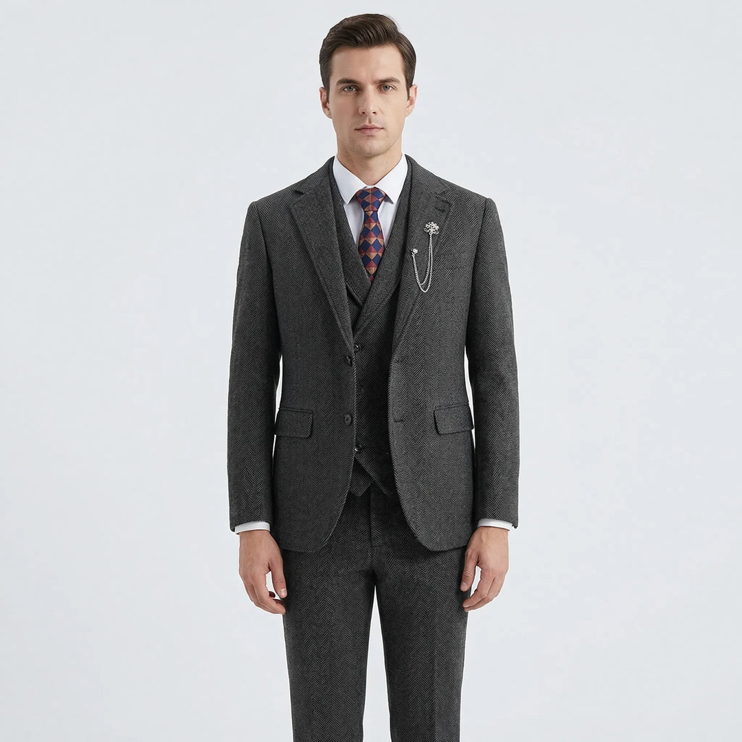 Sophisticated Men's 3-piece Suit with a distinctive herringbone pattern, suitable for business.