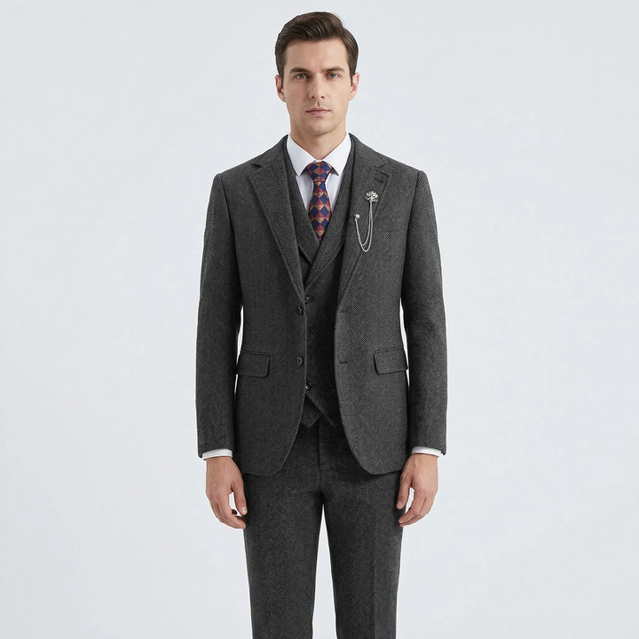 Sophisticated Men's 3-piece Suit with a distinctive herringbone pattern, suitable for business.
