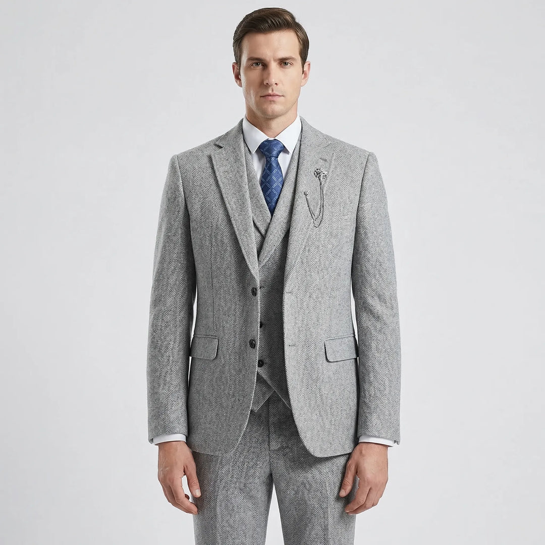 Classic Men's Formal Wear: Herringbone 3-Piece Suit with vest, excellent for professional settings.