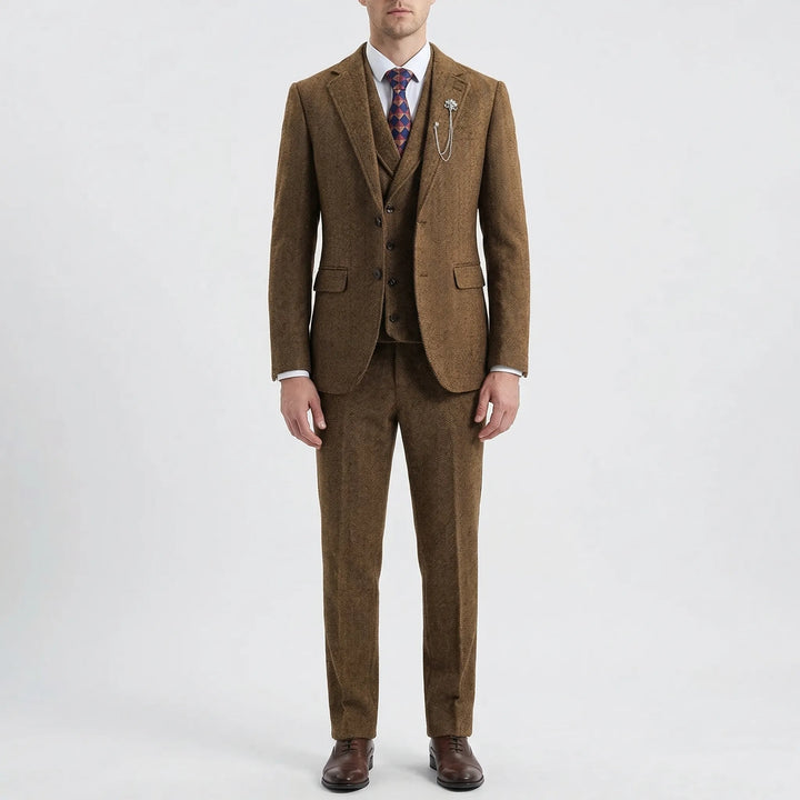 Stylish Men's Wedding Suit: a tailored herringbone 3-piece set, perfect for the groom or guest.