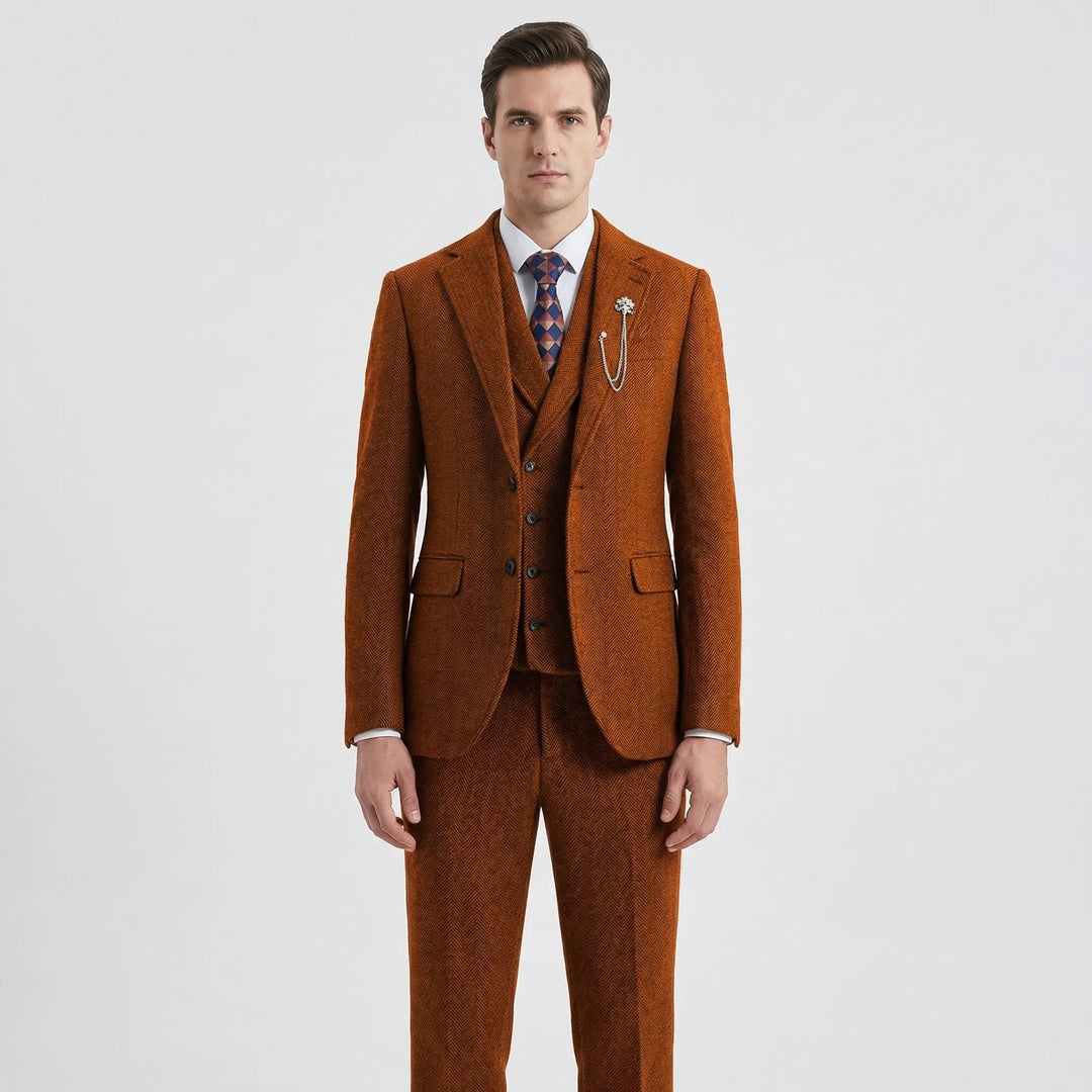 Premium Men's Vest Suit: herringbone patterned 3-piece set for classic formal & business events.