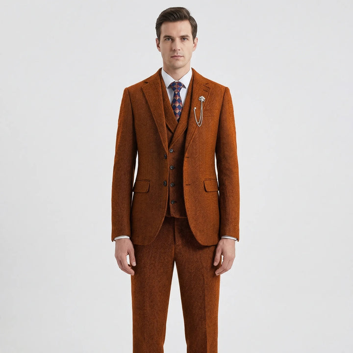 Premium Men's Vest Suit: herringbone patterned 3-piece set for classic formal & business events.