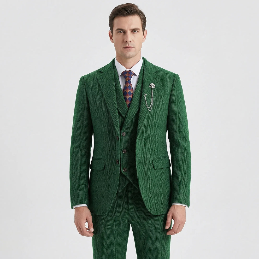 Versatile Men's Herringbone Suit, 3-piece classic style, suitable for various formal occasions.