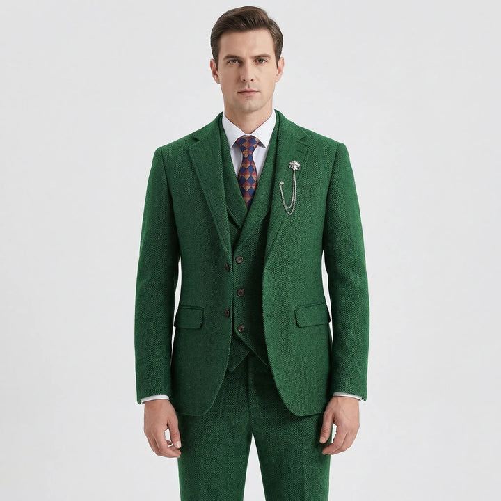 Versatile Men's Herringbone Suit, 3-piece classic style, suitable for various formal occasions.
