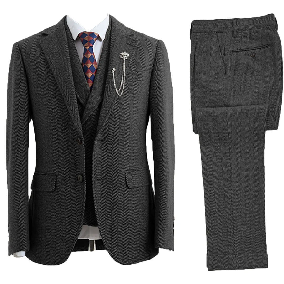 Men's classic herringbone 3-piece suit, tailored fit, perfect for formal occasions & weddings. Elegant business attire.