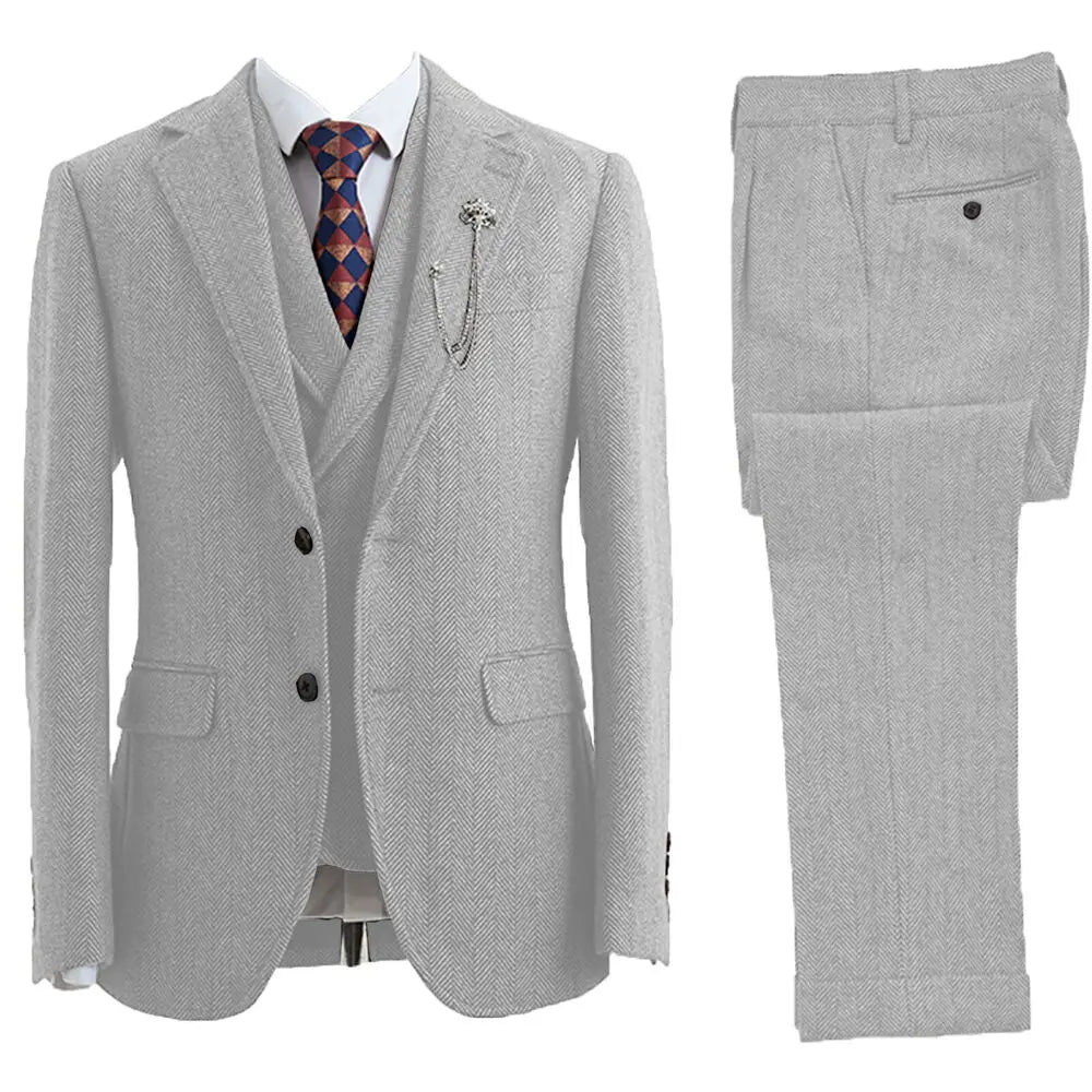 Elegant men's formal herringbone 3-piece suit, tailored for a sharp look in business, weddings, or parties.