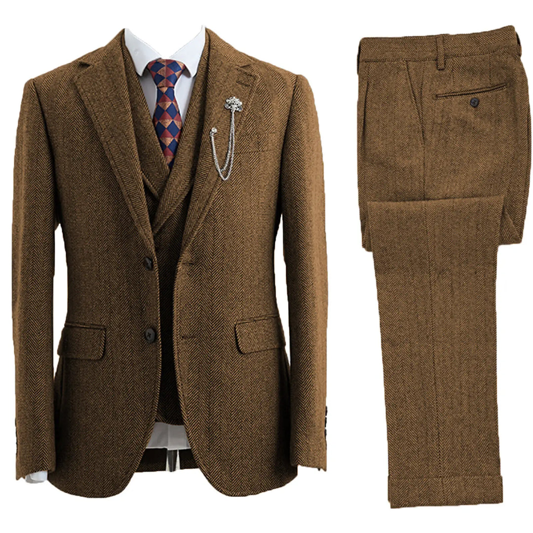 Classic herringbone men's 3-piece suit, tailored fit. Versatile formal wear for business and special events.