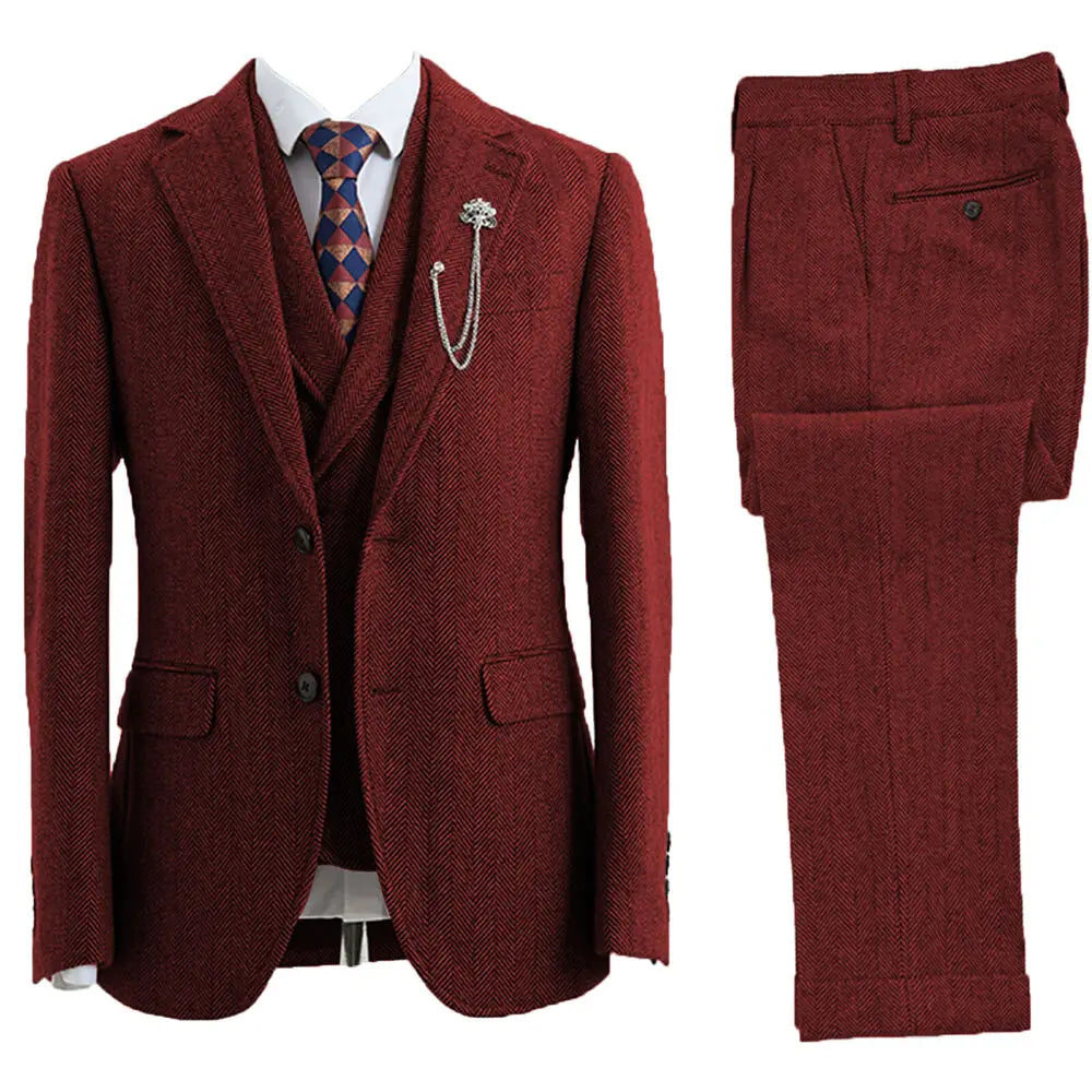 Leonard men's 3-piece herringbone suit. A classic tailored fit for sophisticated business, wedding, and party wear.