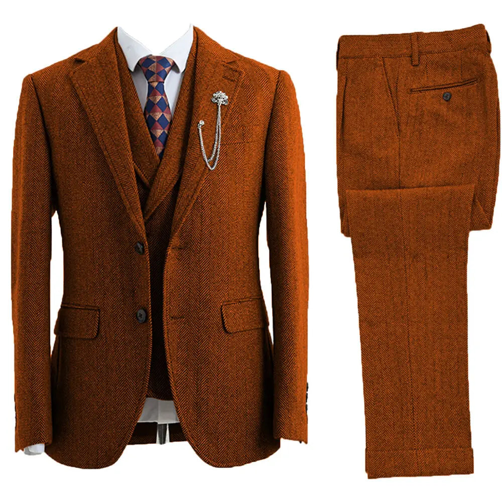 Herringbone patterned men's 3-piece suit for formal wear. Tailored for weddings, business meetings, and elegant events.