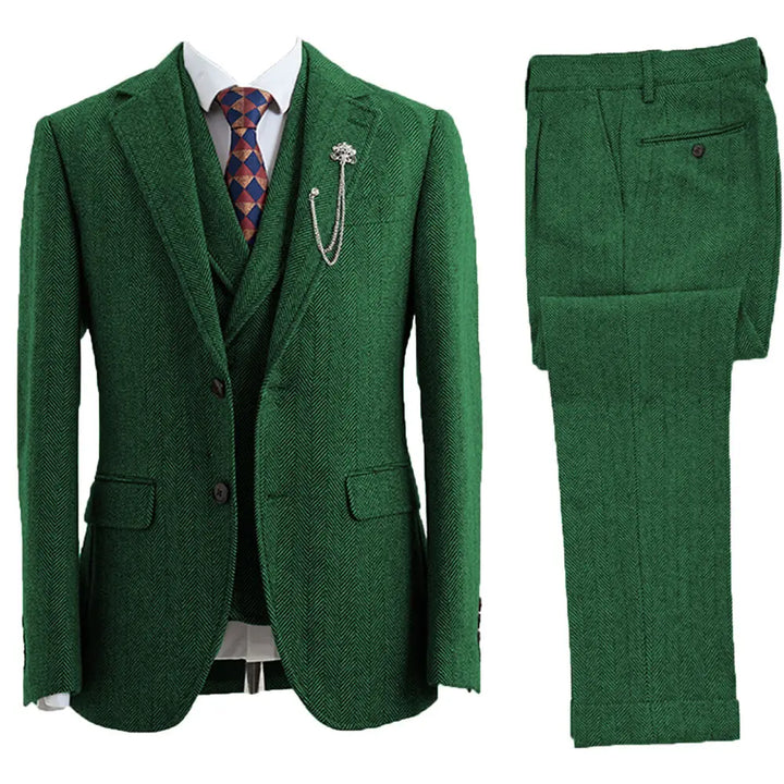 Stylish men's classic herringbone 3-piece suit, tailored for a sharp, sophisticated look at any formal event.