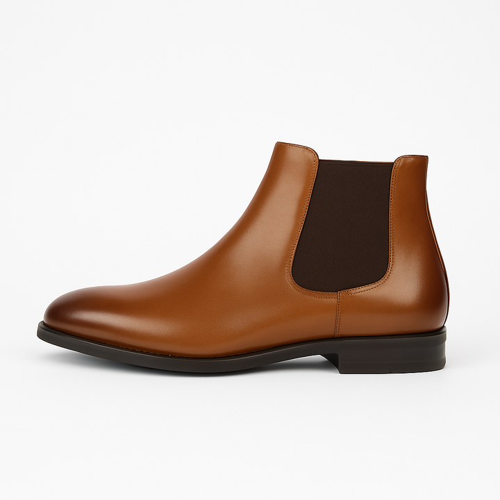 Stylish black men's slip-on Chelsea boots with high ankle design, ideal for both casual & formal outfits.