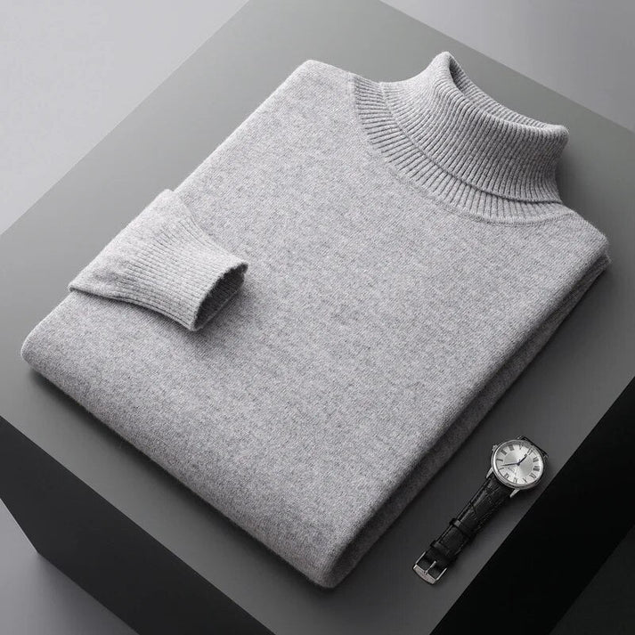Versatile men's slim fit turtleneck sweater, ideal for business casual or stylish layering in cold weather.