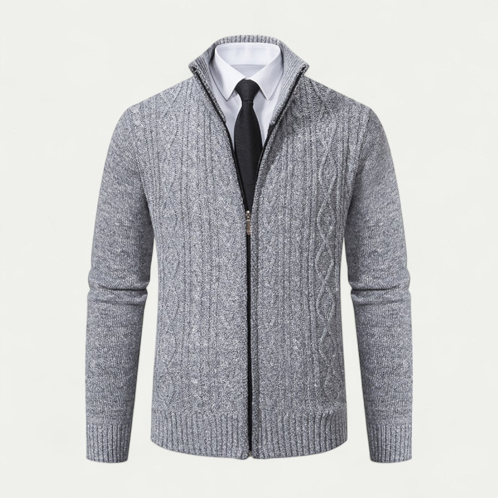 Men's classic knitted zip cardigan in a versatile color, perfect for casual or smart casual layering. Everyday wear.