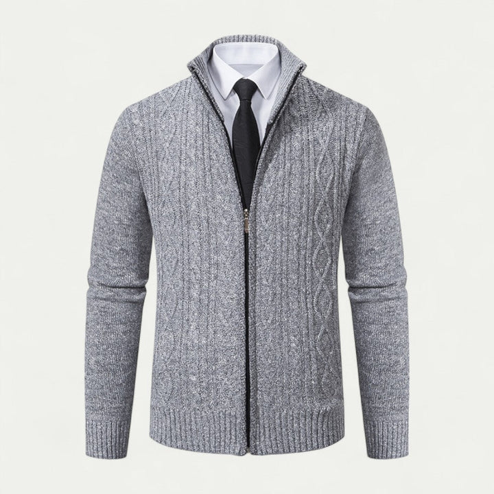 Men's classic knitted zip cardigan in a versatile color, perfect for casual or smart casual layering. Everyday wear.