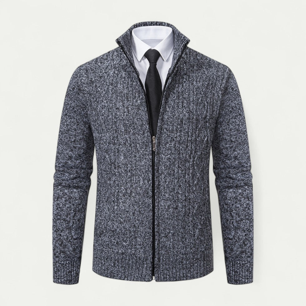 Stylish men's knitted zip cardigan, soft texture, ideal for comfortable layering in men's everyday fashion. Classic look.