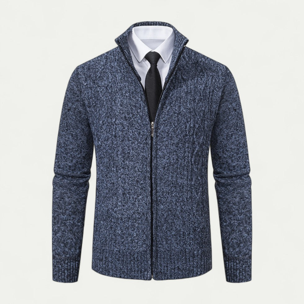 Man wearing a sleek men's knitted zip cardigan, a key piece for modern layering and versatile smart casual outfits.