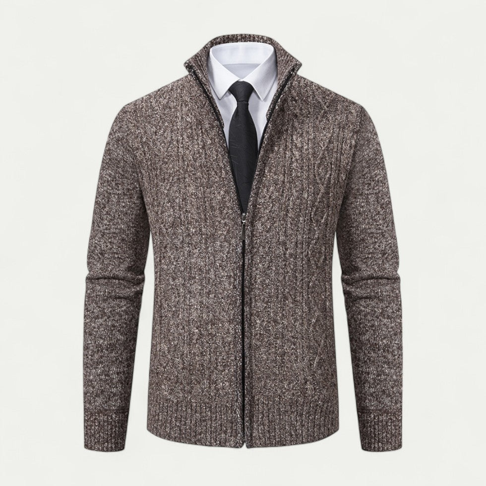 Comfortable men's zip cardigan, finely knitted for warmth and stylish layering. Perfect men's apparel for versatile style.