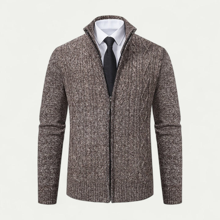 Comfortable men's zip cardigan, finely knitted for warmth and stylish layering. Perfect men's apparel for versatile style.